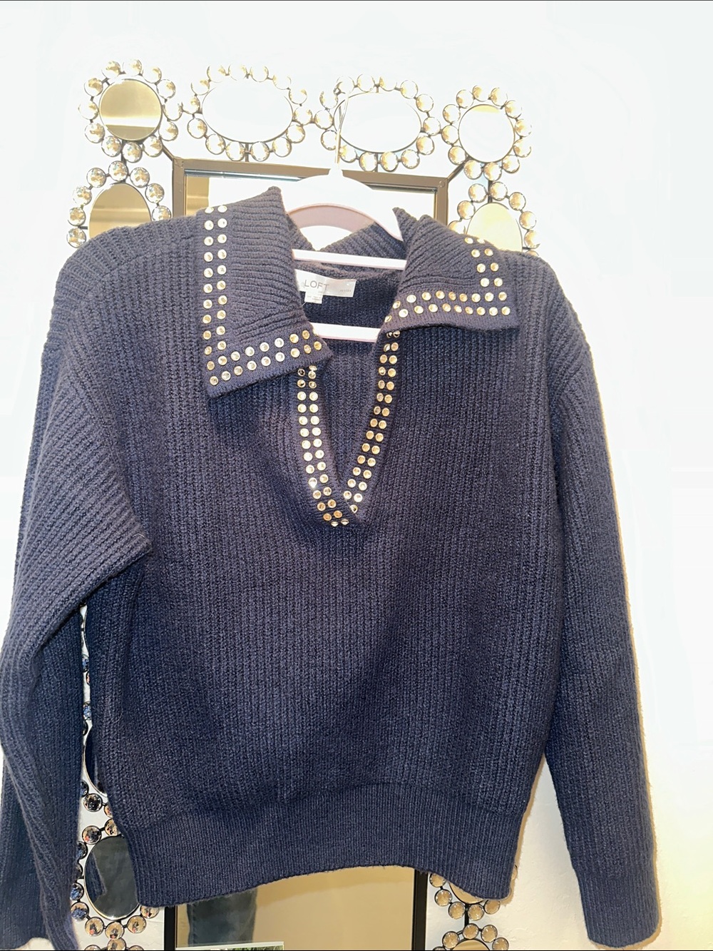 LOFT Navy Stud-Trim Ribbed Cowl Sweater